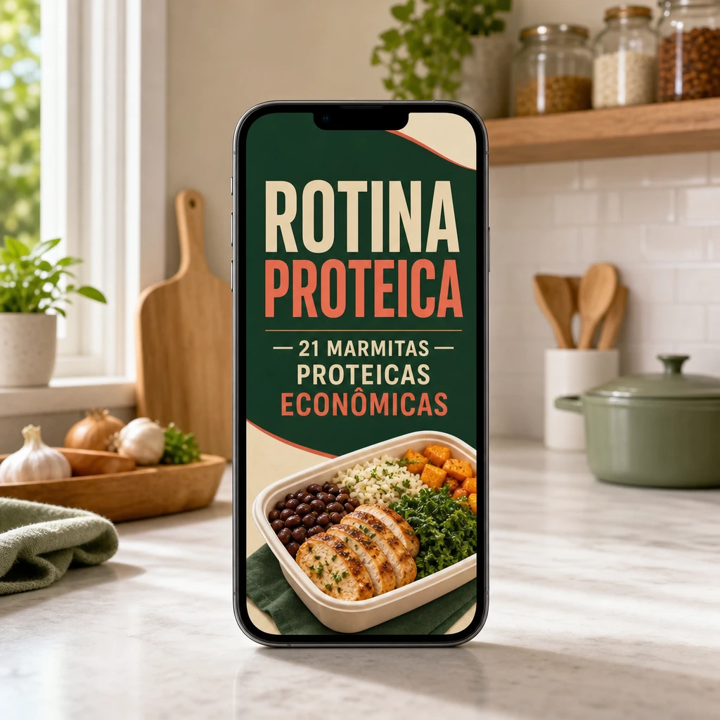 mockup de celular com capa do PDF Rotina Proteica — 21 Marmitas Proteicas Econômicas