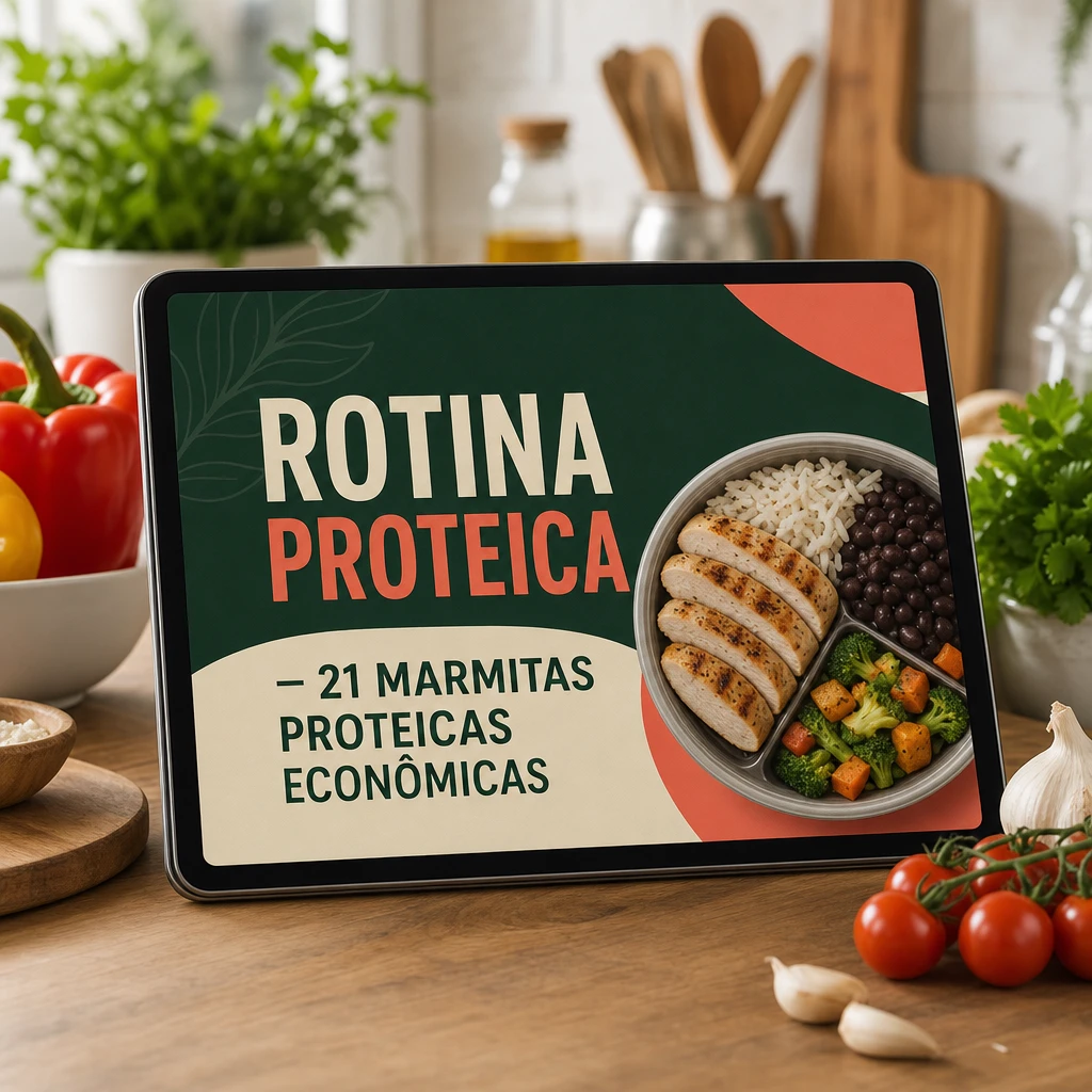 mockup de tablet com capa do PDF Rotina Proteica — 21 Marmitas Proteicas Econômicas